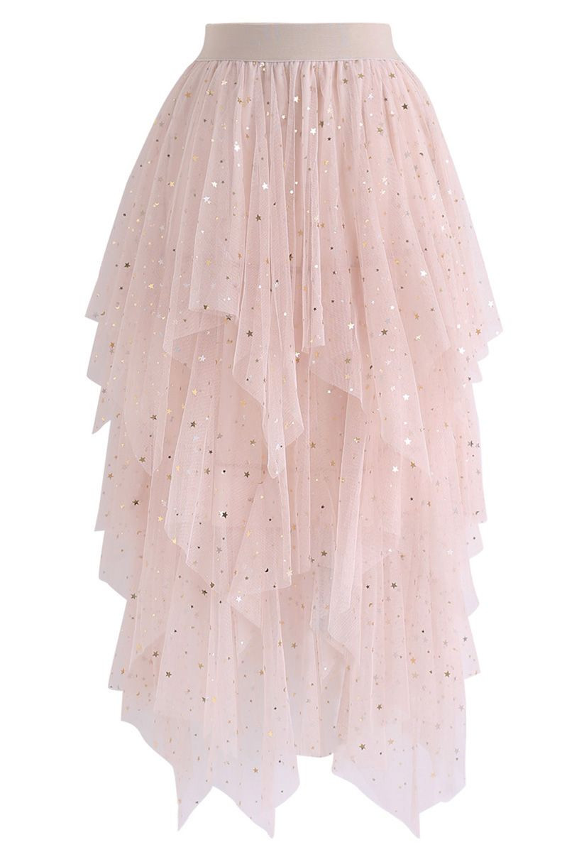 Shooting Stars Asymmetric Tiered Mesh Skirt in Pink | Chicwish