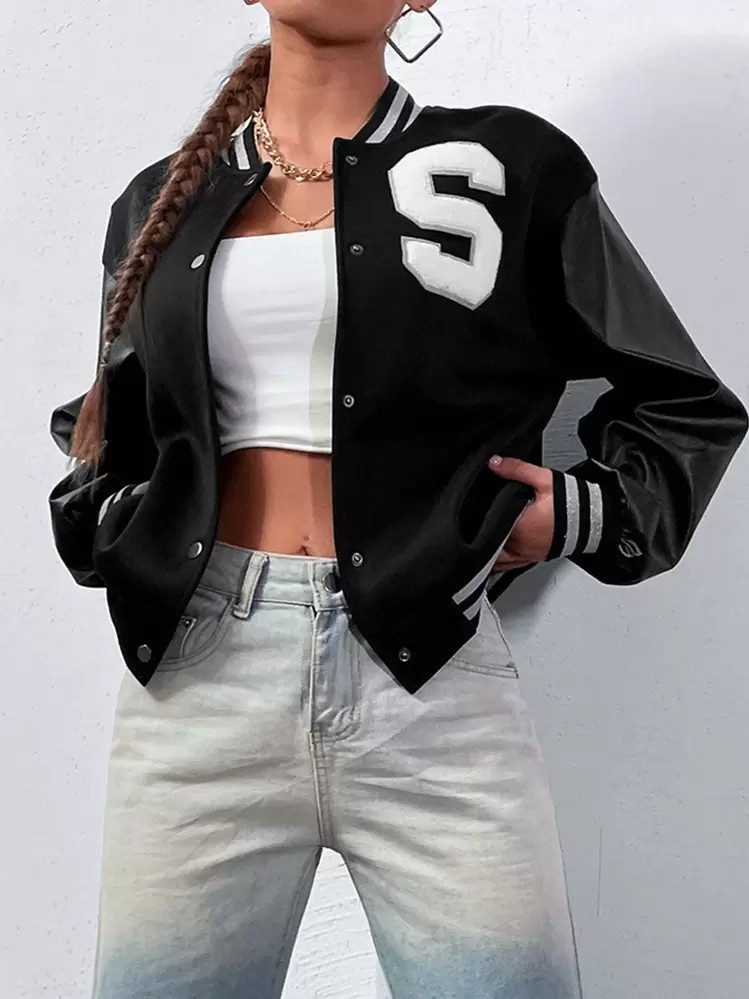 SHEIN MOOSTA Letter Patched Striped Trim Drop Shoulder Varsity Jacket | SHEIN