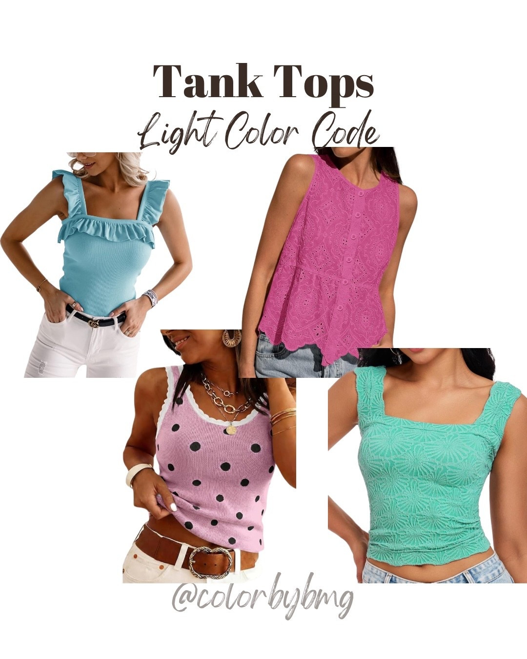 Light Color Code Tanks
Colors:
1. Sky Blue
2. Polka Dots-pink
3. Rose Pink (other tank)
4. Lake Blue