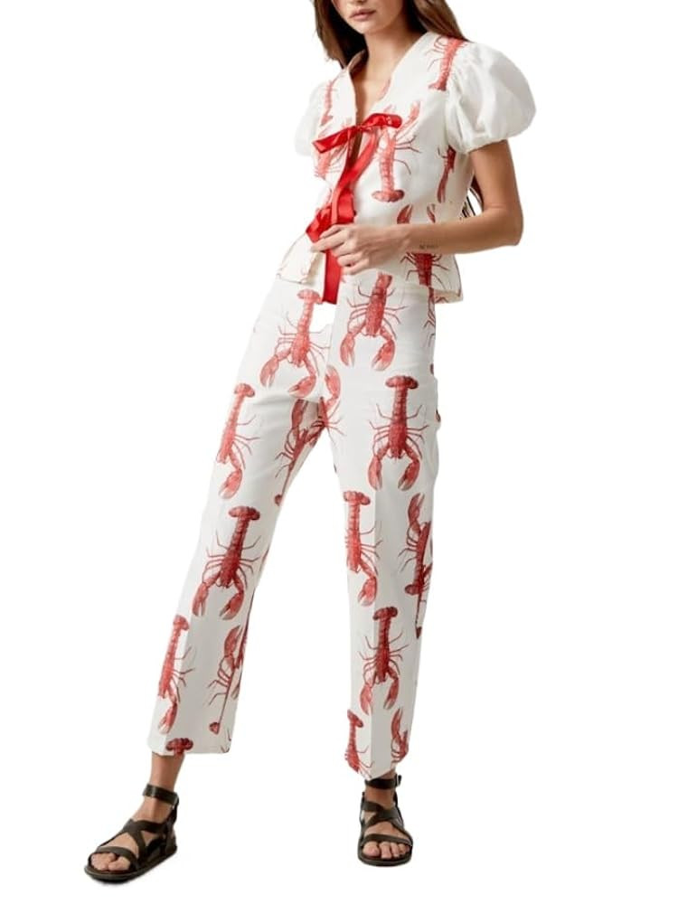 Women Y2k 2 Piece Outfits Tie Front Pajamas Set Puff Short Sleeve Lobster Print Lace Up Tops with... | Amazon (US)