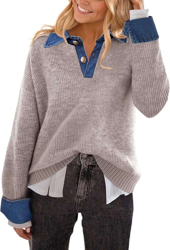 Women’s Sweaters Long Sleeve Denim Lapel V Neck Buttons Closure Pullover Tops Casual Winter Pol... | Amazon (US)