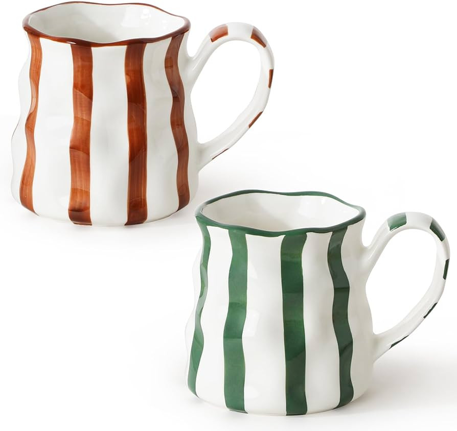 Ceramic Cute Coffee Mugs Set of 2,Cute Mugs For Women,Pretty Mugs(Striped),14 oz Ceramic Large Mu... | Amazon (US)