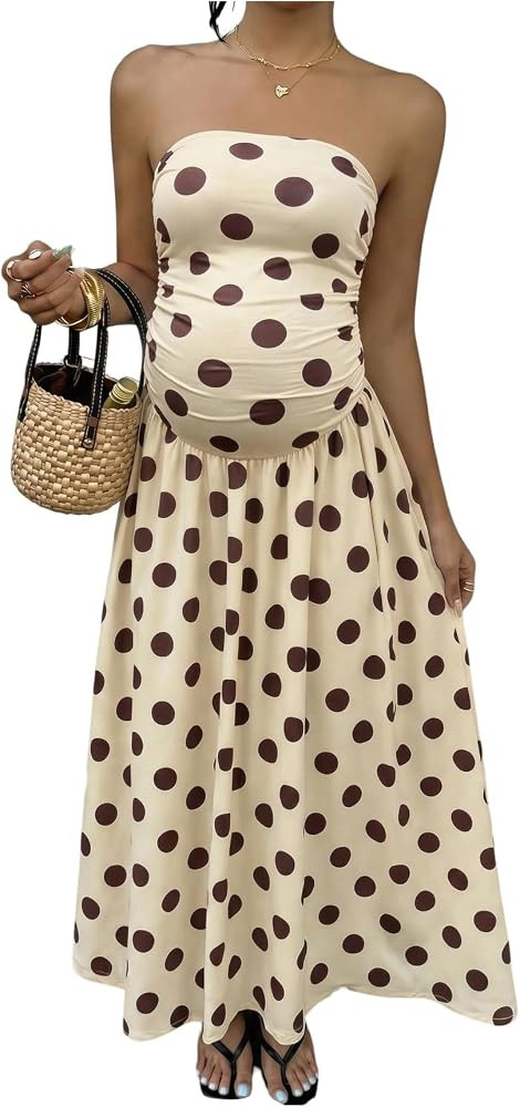 RoseSeek Women's Polka Dots Maternity Maxi Dress Ruched Strapless Flowy Summer Dresses Going Out ... | Amazon (US)