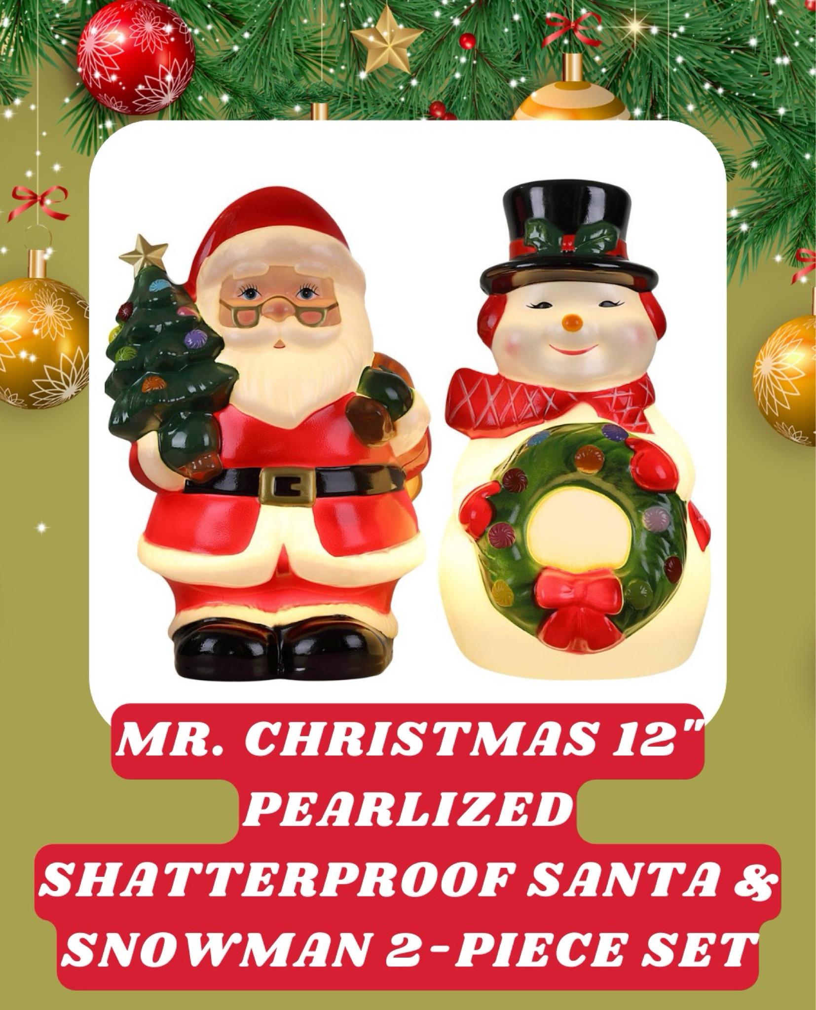 ☃️🎅 Add a touch of shimmer and fun to your holiday decor with this 12" Pearlized Shatterproof Santa and Snowman set by Mr. Christmas! These adorable figures feature a beautiful pearlized finish that catches the light, making them perfect for brightening up any corner of your home. Durable and shatterproof, they’re both festive and family-friendly, great for decorating around kids and pets. Perfect for mantels, shelves, or entryways! 🎄✨

#LTKHoliday #LTKHome #LTKSeasonal
