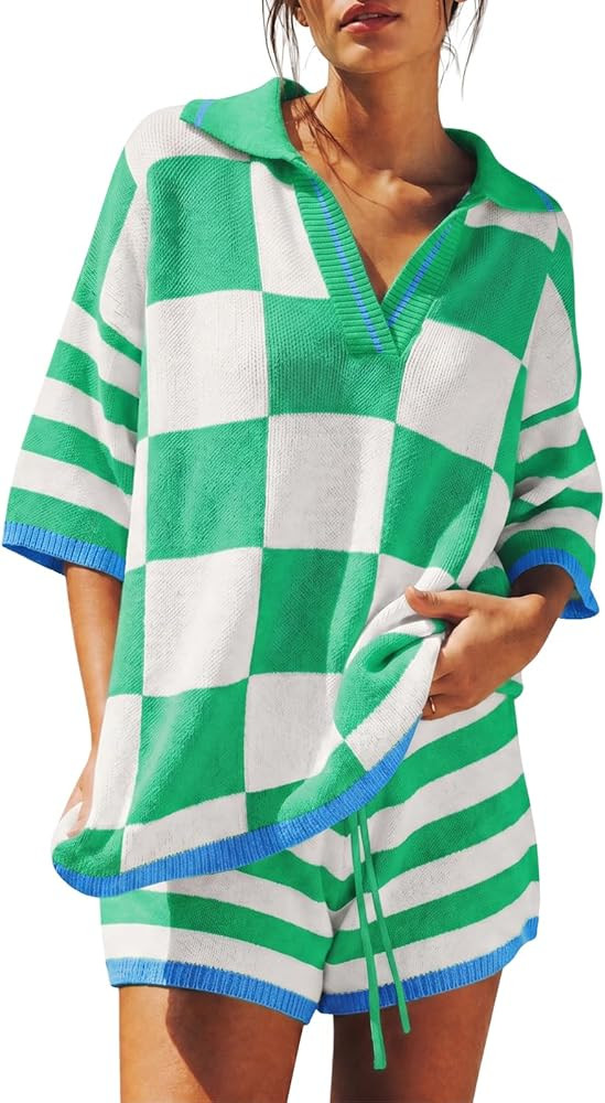 Aoysky Womens 2 Piece Outfits Sweater Sets Color Block Striped Half Sleeve V Neck Knit Tops Short... | Amazon (US)