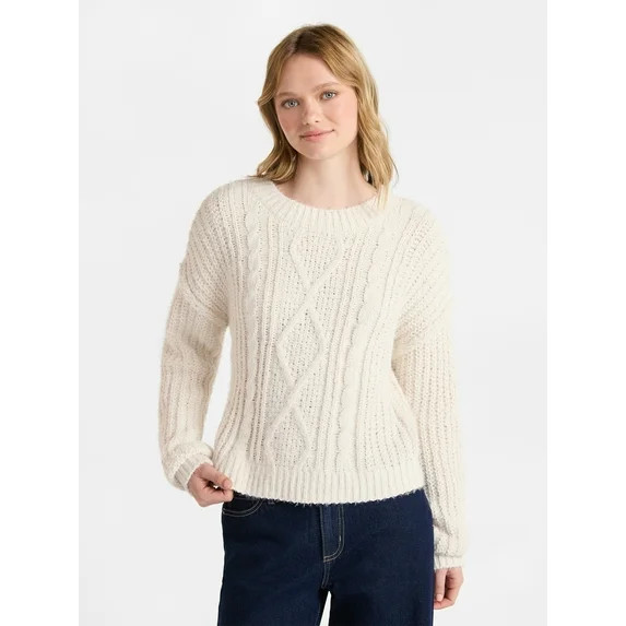 No Boundaries Cable Knit Sweater, Midweight, Women's | Walmart (US)