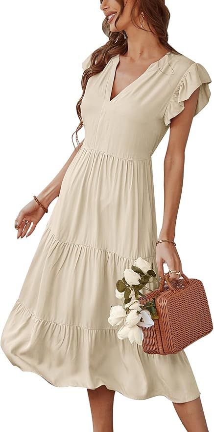 Adibosy Women Summer Casual V Neck Midi Dress Wrap Flutter Sleeve Boho Dress Flowy Swing Ruffle T... | Amazon (US)