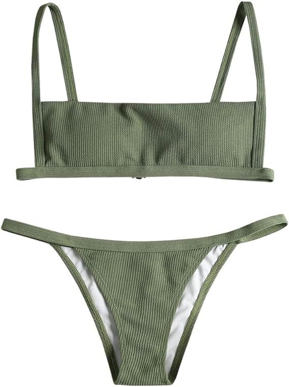 ZAFUL Women's Ribbed Square Neck Padded High Cut String Bikini Set Swimsuit | Amazon (US)