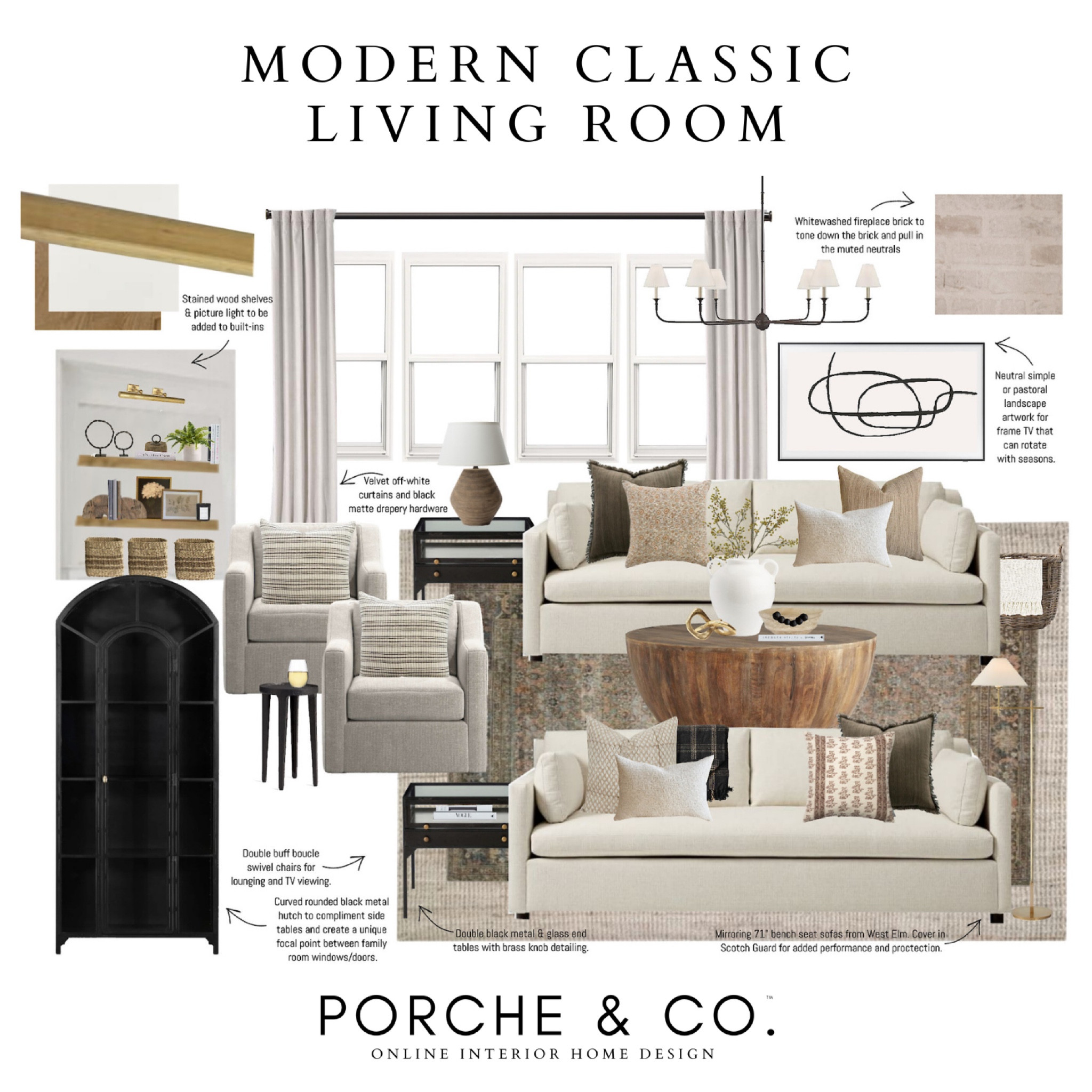 Transitional Modern Classic Living Room design for Simply Darlings with vintage layered rugs, round wood coffee table, accent chairs, affordable curtains, bookshelf 🤍 #moodboard #transitional #livingroom #familyroom #visionboard #design #decor

#LTKhome #LTKstyletip