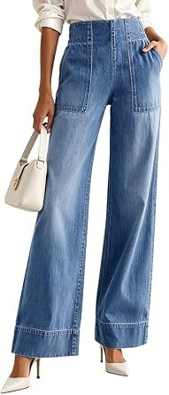 HUNGSON Women's Wide Leg Jeans Soft Baggy Low Mid Rise Elastic Waist Pull On Denim Pants Trendy Y2k | Amazon (US)