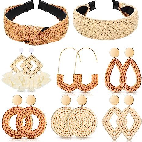 8 Pieces Knotted Rattan Headband Earrings for Women Wide Straw Boho Headbands Twist Knot Hair Acc... | Amazon (US)