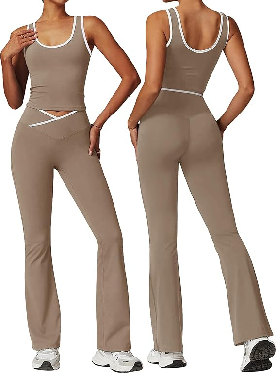 OLCHEE Womens Workout Sets 2 Piece Gym Yoga Outfits Crossover Flare Leggings Crop Tank Top with C... | Amazon (US)