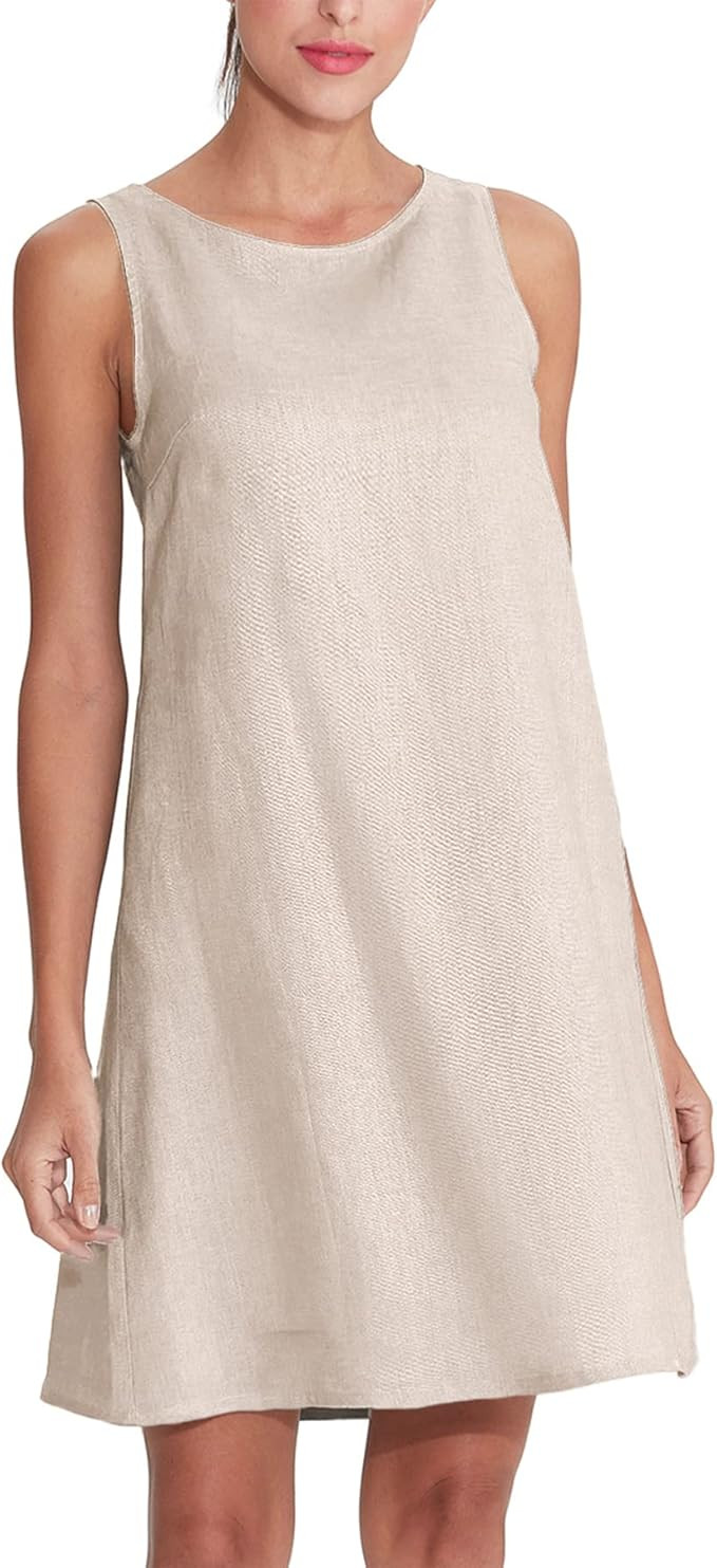 Amazhiyu Women's Linen Sleeveless Shift Dress with Pockets Crew Neck Casual Tank Dress | Amazon (US)