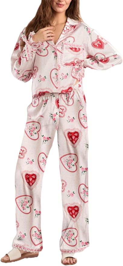 Holiday Bow Pajamas for Women Satin Silk 2 Piece Cute Festival Print Pjs Long Sleeve Button Shirt... | Amazon (US)