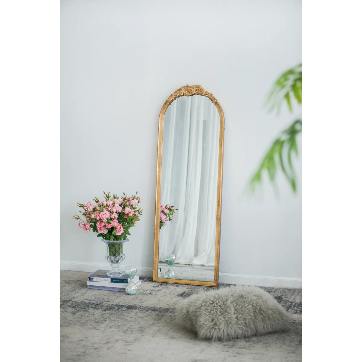 Brian Arched Wood Floor Mirror with Floral Detailing | Wayfair North America