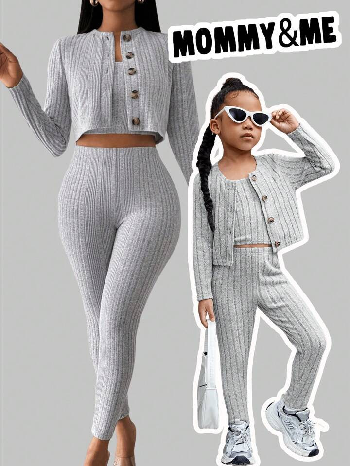 SHEIN 3pcs Knit Solid Color Fitted Cropped Cardigan, Camisole, And Fitted Pants Set For Young Girl | SHEIN