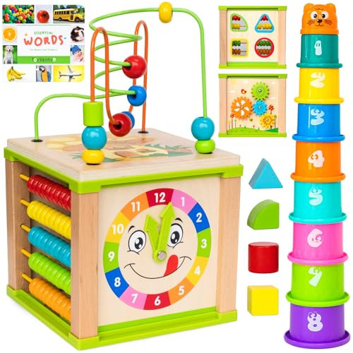 TOYVENTIVE Wooden Activity Cube, Montessori Toys for 1+ Year Old Girl, Multipurpose Educational Sensory Toy for Baby, Toddler, Kid | First Birthday Gift | Bonus First Words Book | Amazon (US)