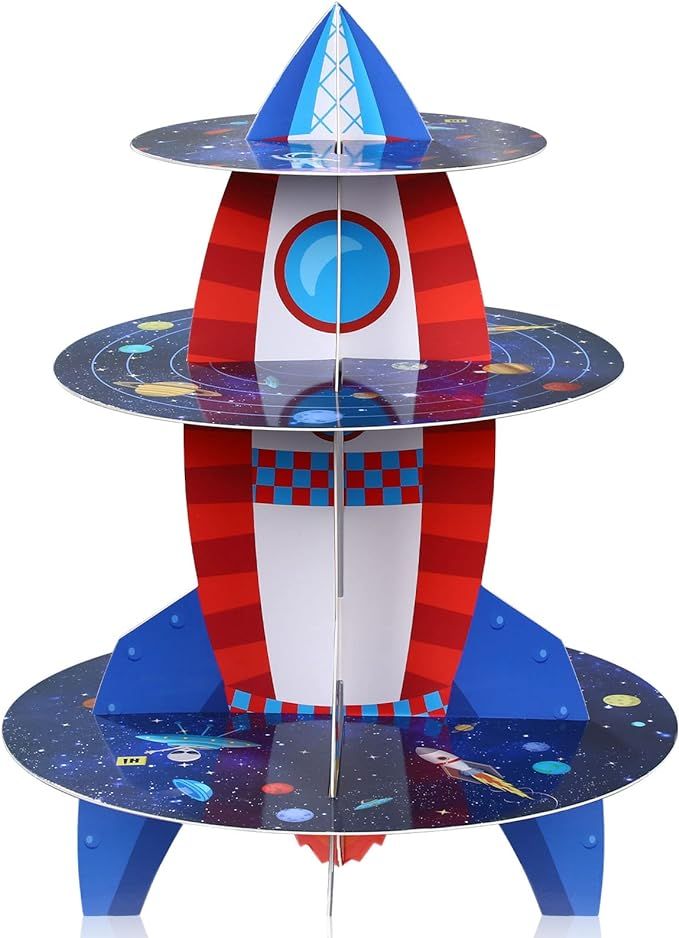 3 Tiers Rocket Cupcake Stand Outer Space Cardboard Cupcake Holder Galaxy Party Dessert Tower Sola... | Amazon (US)