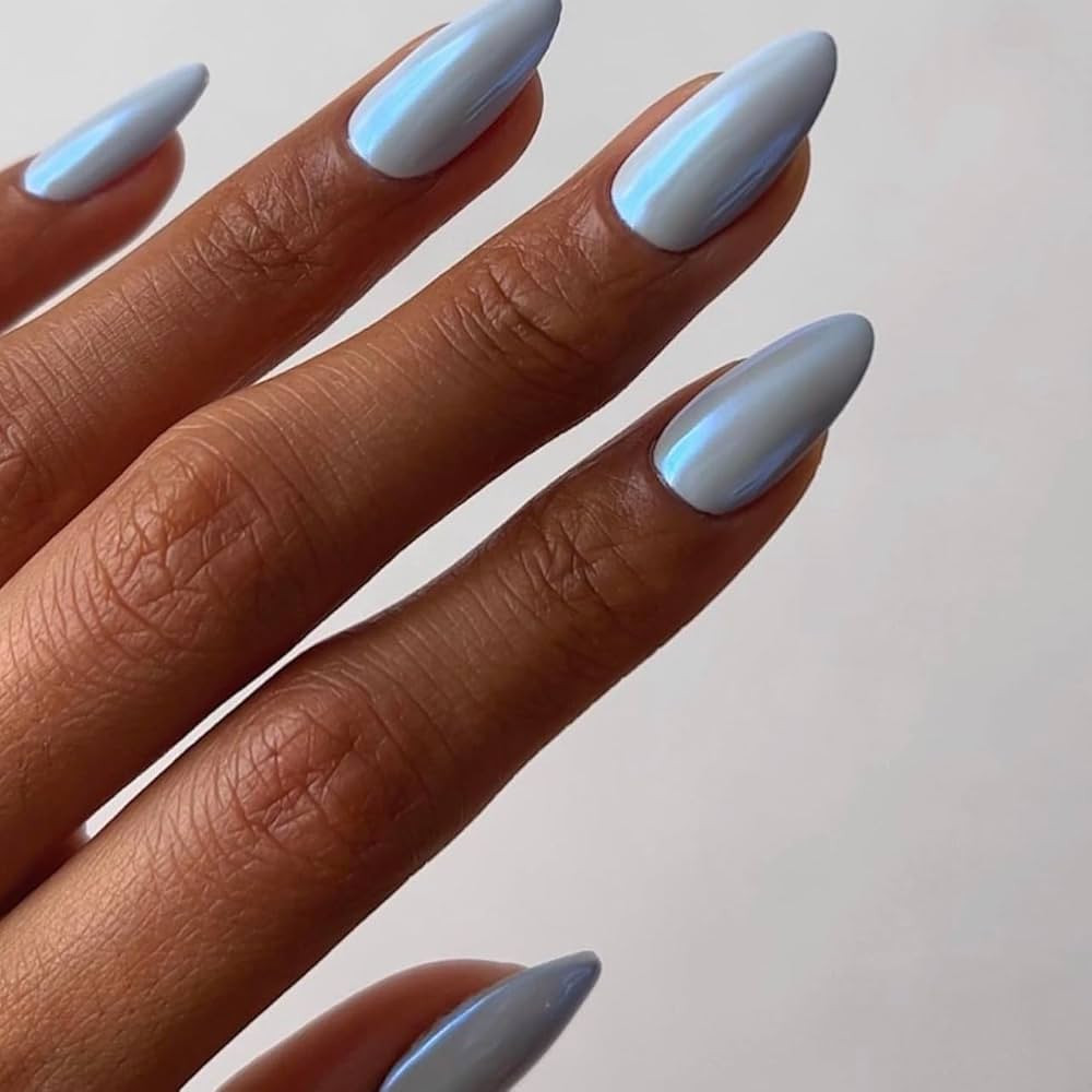 Blue Aurora Press on Nails Medium Almond Long, Mirror Chrome Fake Acrylic Nails Press ons in 24 P... | Amazon (US)