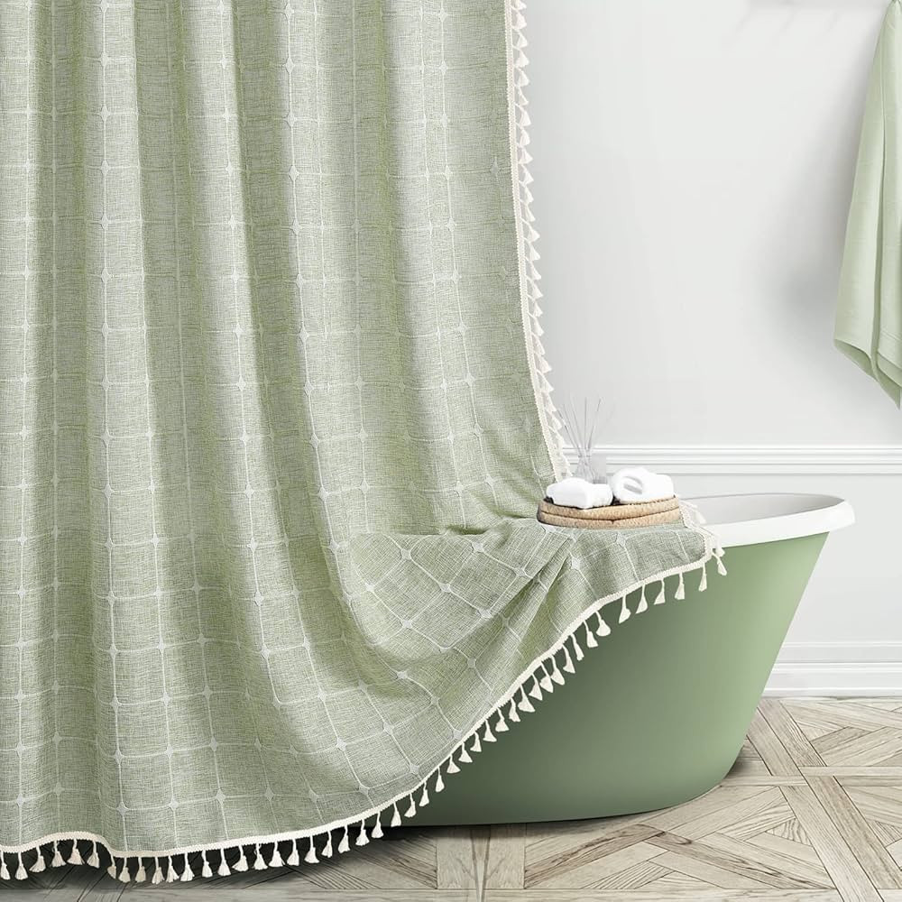 Awellife Sage Green Boho Farmhouse Shower Curtain - Premium Quality Heavy Duty Linen Cute Modern ... | Amazon (US)