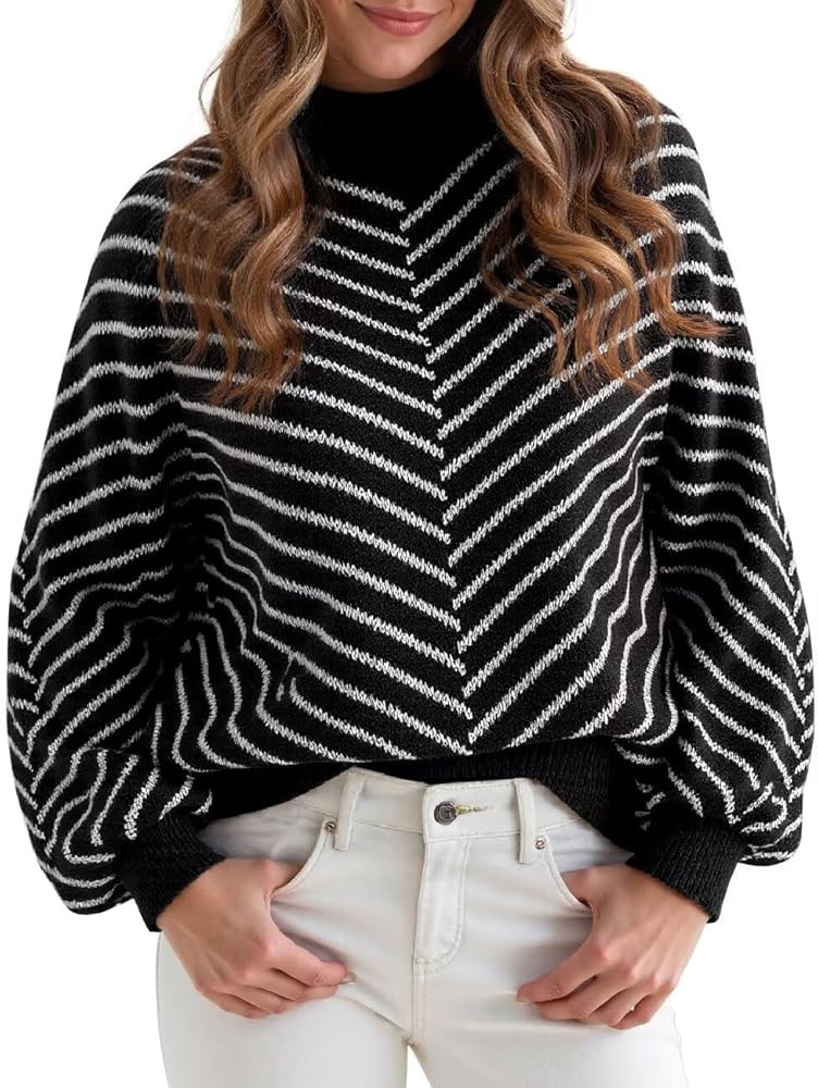 Upopby Women's Striped Fall Winter Sweaters for Women Trendy Turtleneck Lantern Sleeve Knitted Pu... | Amazon (US)