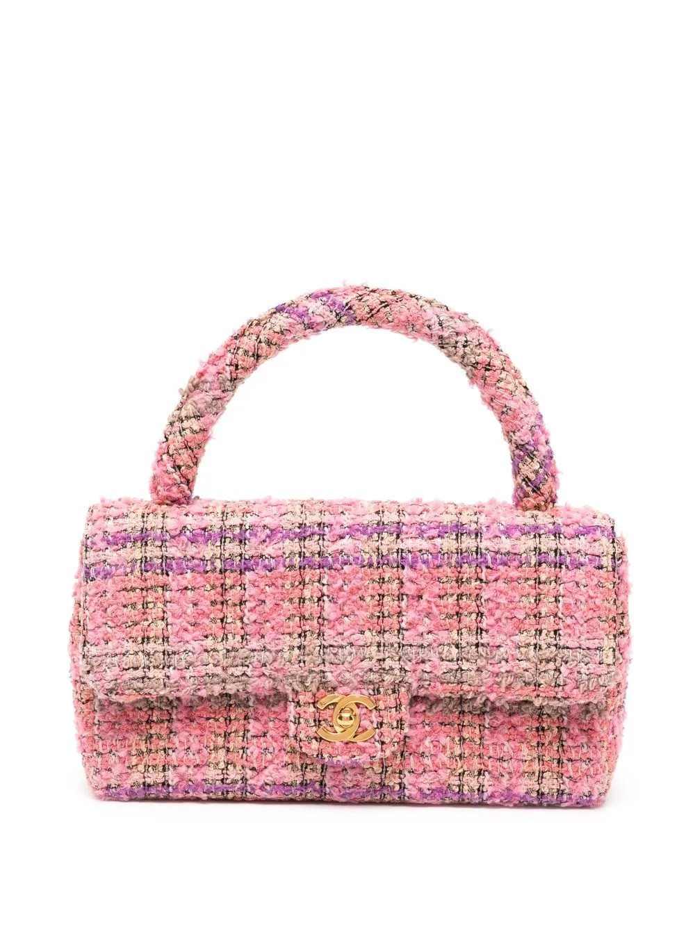 CHANEL Pre-Owned 1995 CC Turn-lock tweed top-handle bag - Pink | Farfetch Global