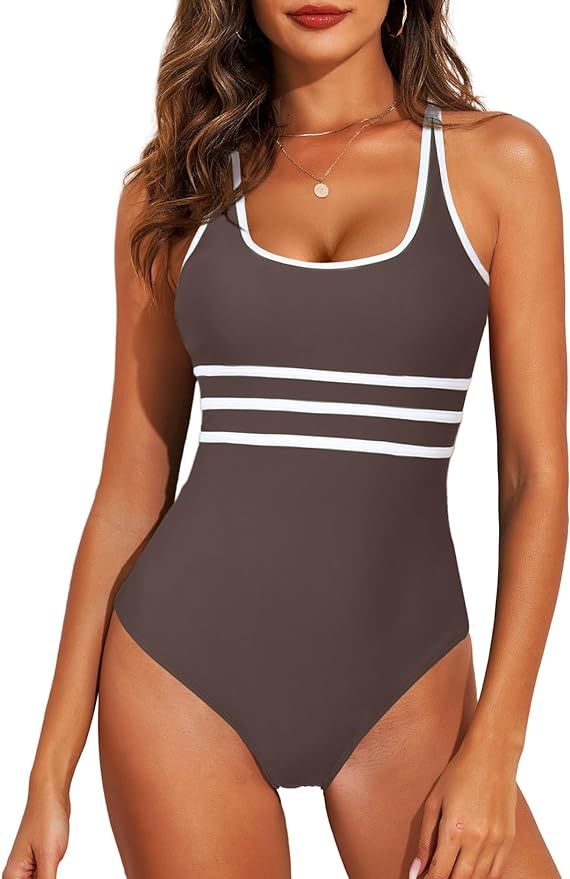 Aleumdr Women's Color Block One Piece Athletic Swimsuit Sports Tummy Control Cheeky High Cut Bath... | Amazon (US)