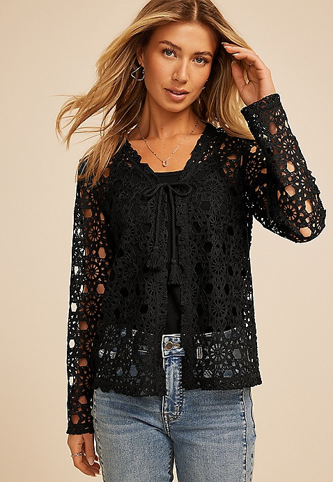 Crochet Lace Tie Front Top | Maurices