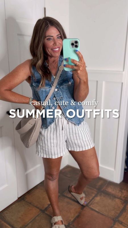 Three casual cute & comfy summer outfits that will keep you nice & cool this summer.

Once you reach your 40s, all you care about is being comfortable in the summer, but you still want to be cute and these outfits check all the boxes.

1 - fitted denim vest from target (Wearing size medium) with 100% linen striped shorts from Quince (wearing size medium)

2- super soft ribbed cap sleeve sweater from Amazon (wearing size large) and my favorite high-rise relaxed denim shorts from Madewell ( true size 28)

3- open knit sweater tank from Amazon (wearing true size medium) with look for less cotton blend high-rise pants. (sized down to a small.)

I styled every outfit with these look for less sandals from Amazon . They are really cute but the sole is a little slippery to be honest. They’re only $36.99 vs. $160
and Italian leather woven shoulder bag from quince. It’s a Clare V moyen messenger look for less for only $129.90 vs. $485.


#quincepartner #AmazonFinds #AmazonStyle #CasualStyle #SummerOutfit #SummerOutfitIdeas #LinenShorts #LookForLess #DenimVest #Over40Style

#LTKStyleTip #LTKFindsUnder50 #LTKOver40