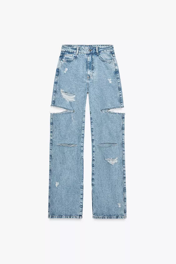 Z1975 MID-RISE STRAIGHT CUT OUTS RIPPED JEANS Light blue Mid-blue | Zara US