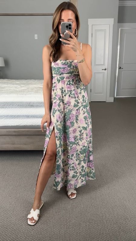 Abercrombie floral maxi in XS petite. I sized up because bust looked small and I like the way it fits. Straps are adjustable. Dress is lined. Baby shower dress. Wedding shower dress. Brunch dress. Vacation outfit. Spring dress. Summer dress. Resort wear. Target sandals are TTS. Pottery Barn canopy bed. 

#LTKwedding #LTKparties #LTKtravel
