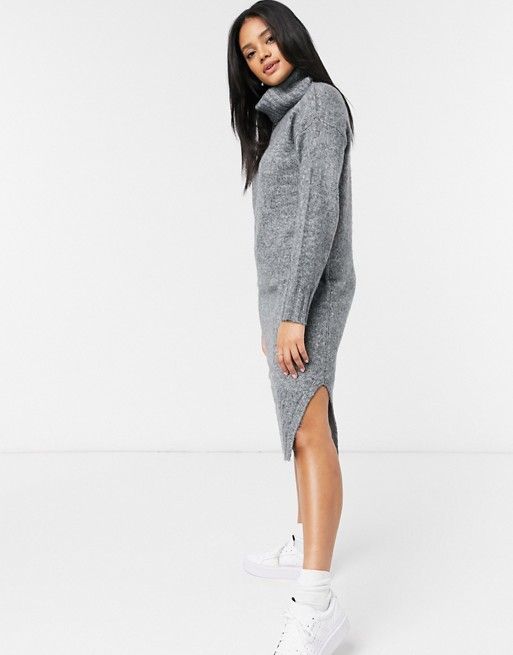 New Look knitted roll neck midi sweater dress in gray | ASOS (Global)