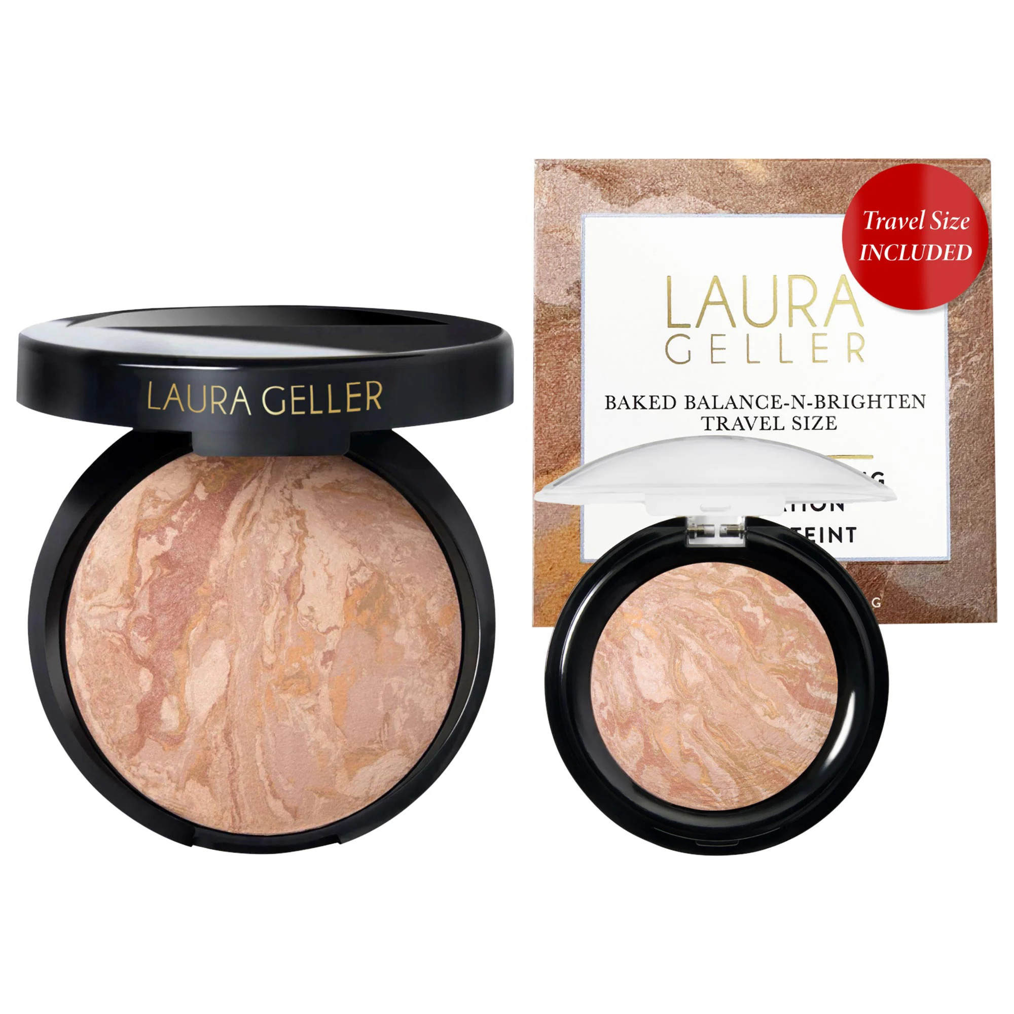 Laura Geller Fond de teint poudre cuite correctrice de couleur équilibrant et illuminant, format standard + mini de prestige Fair 0.32 oz (full) 0.05 oz (mini)/9 g (full ) 1.5 g (mini) | Sephora (US)