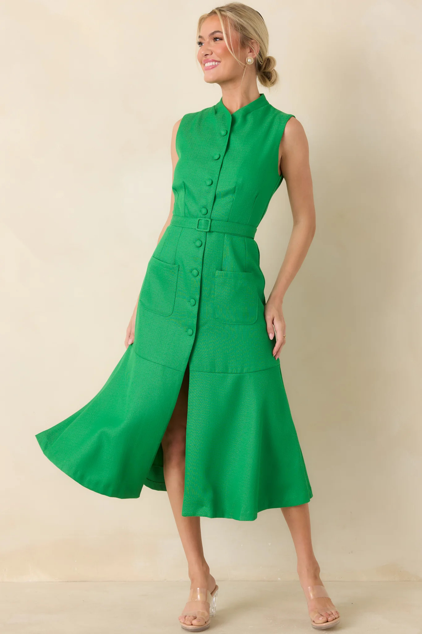 Prosperina Rowan Green Sleeveless Button Front Midi Dress | Red Dress