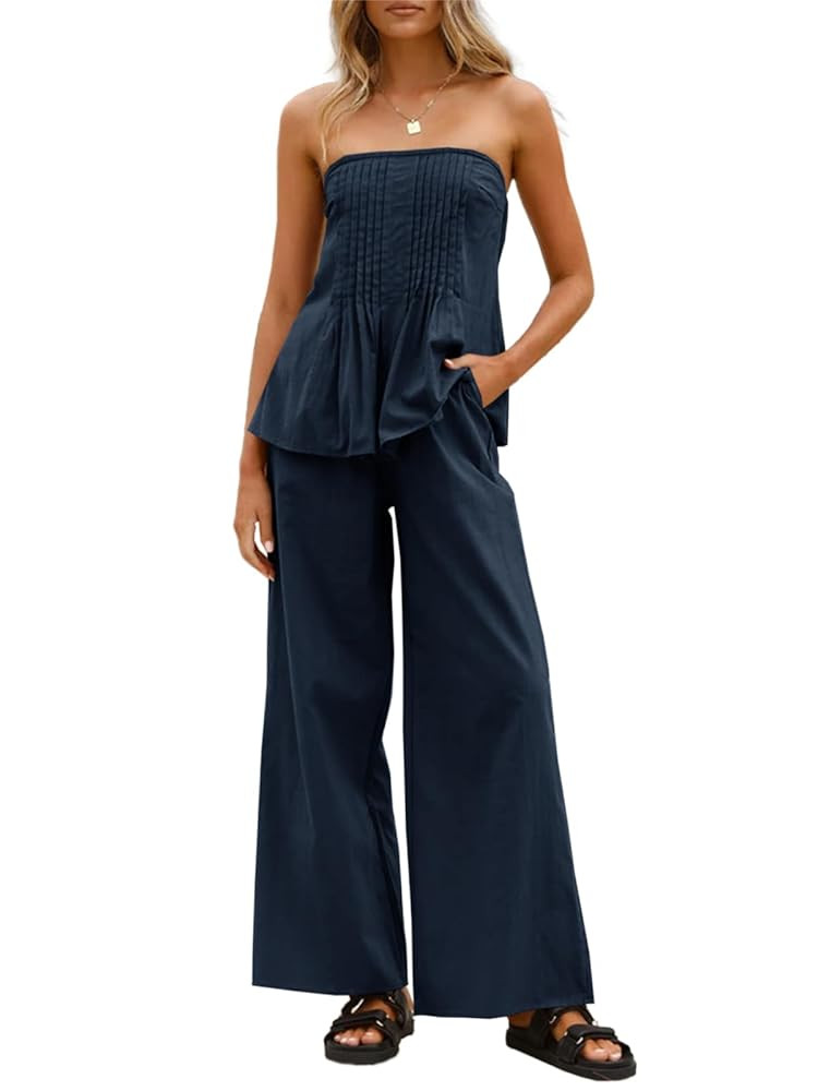 Tankaneo Womens 2 Piece Outfits Summer Strapless Tube Tops Wide Leg Pants Cotton Vacation Pleated... | Amazon (US)