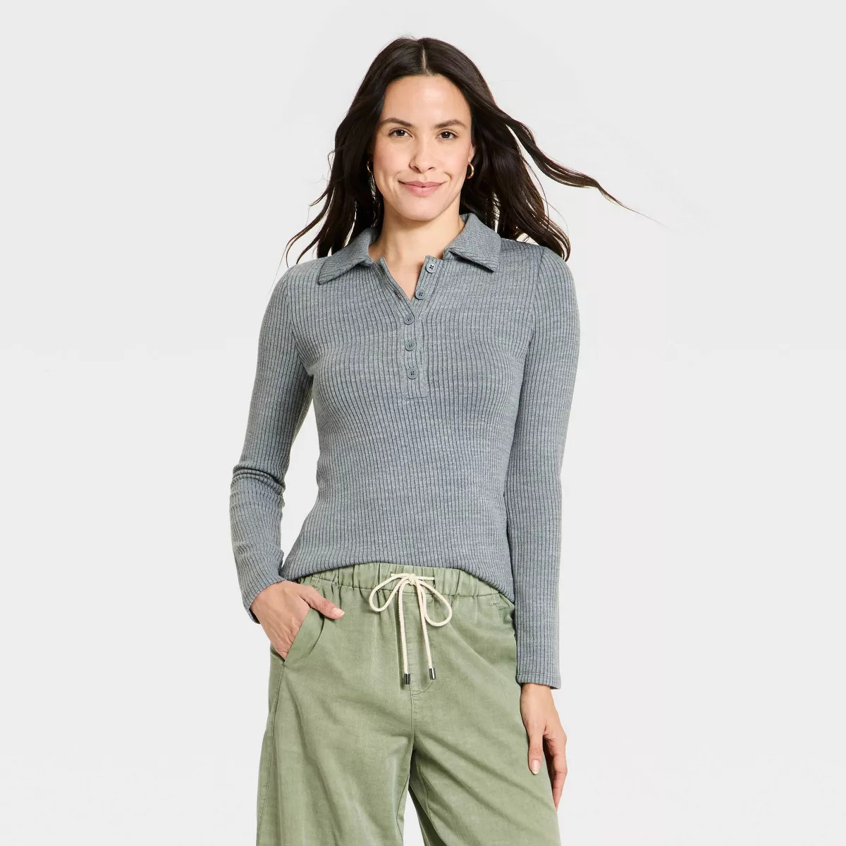Women's Long Sleeve Polo Shirt - Universal Thread™ Light Gray L | Target