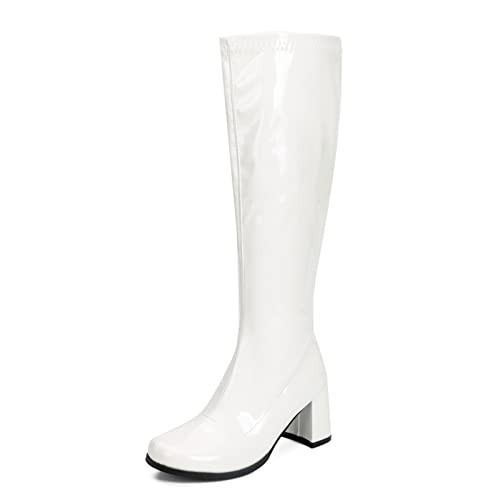 Heiyom Women's Go Go Boots Over The Knee Block Heel Zipper Boot Disco Costumes Dress Shoes White-36(230/US6.5) | Amazon (US)