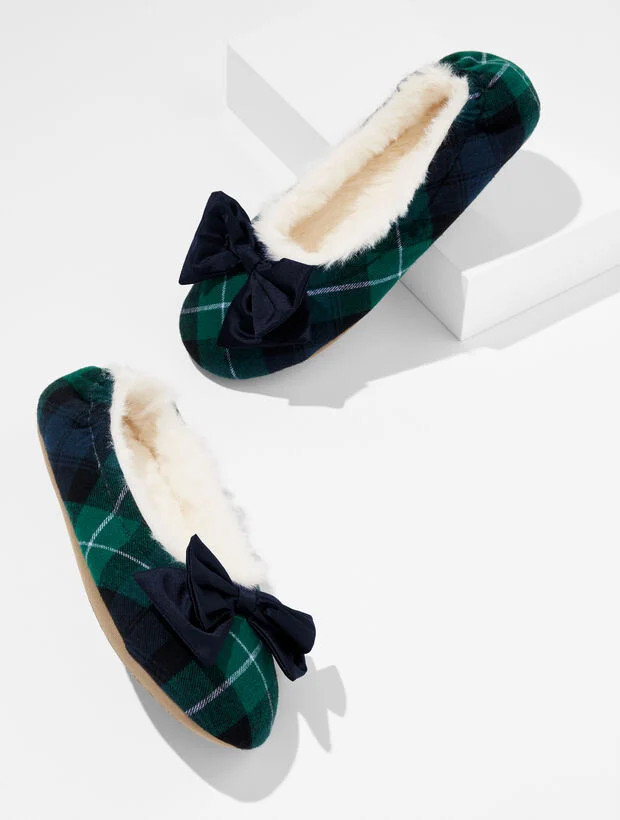 Lena Bow Slippers - Black Watch Plaid | Talbots