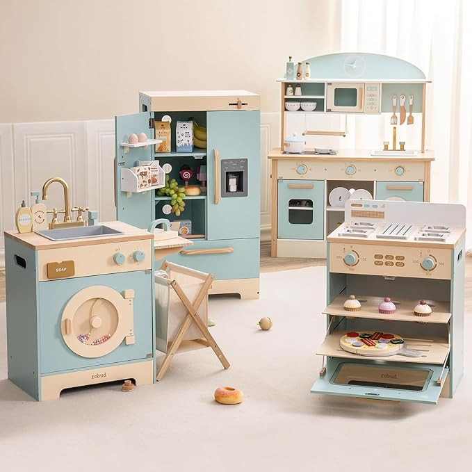 ROBOTIME Wooden Play Kitchen, Toddler Kitchen Playset with Oven, Fridge & Washing Machine, Kids K... | Amazon (US)