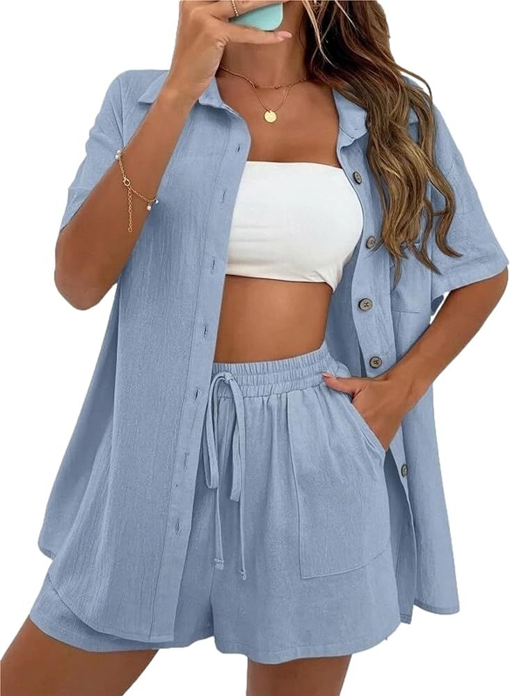 HangNiFang Womens Baggy 2 Piece Set Outfits Short Sleeve Button Shirts Drawstring Shorts Sets | Amazon (US)
