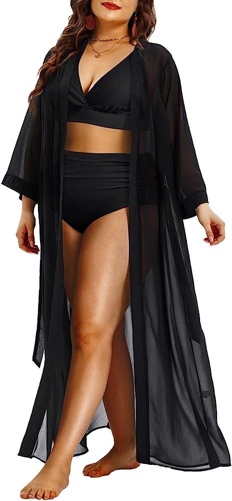 Plus Size Women Chiffon Beach Bikini Cover Up Long Tie Dye Open Front Kimono Cardigan | Amazon (US)