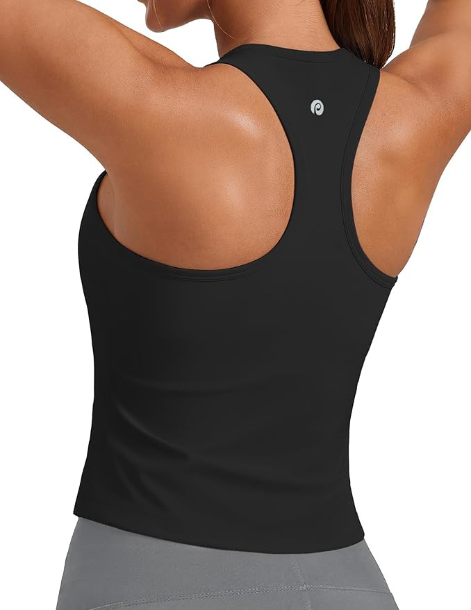 PINSPARK Workout Tops for Women Racerback Tank Top with Built in Bras Waist Length Yoga Tops Padd... | Amazon (US)