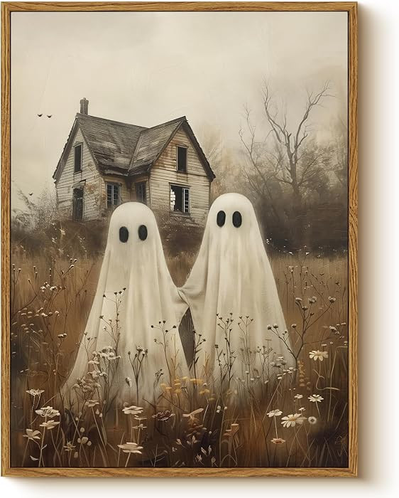 Vintage Halloween 12x16 Framed Canvas Wall Art, Rustic Cute Ghost Couple Haunted House Print, Cou... | Amazon (US)