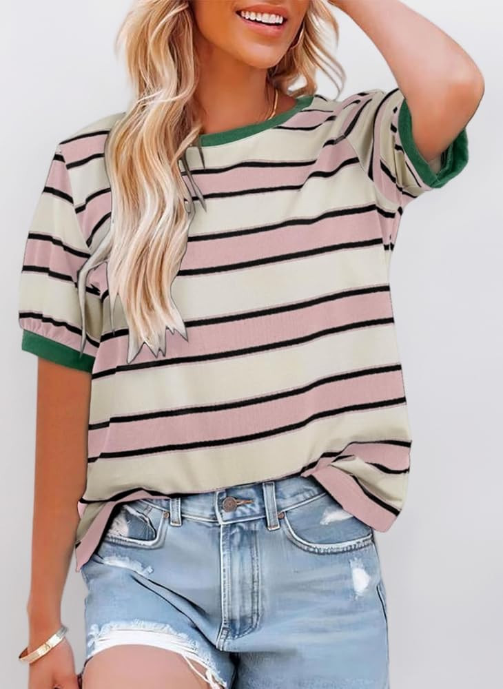 Cuptacc Tshirt Damen Rundhals Locker Oberteile Bunt Gestreiftes Tunika Damen Sommer Casual Baumwo... | Amazon (DE)