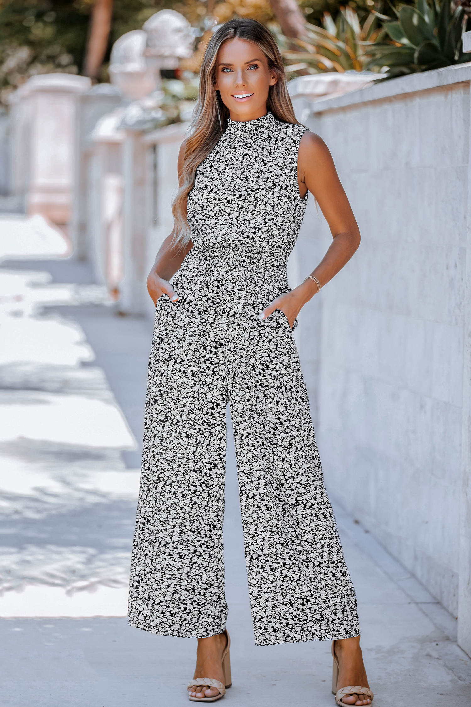 Ditsy Floral Smocked Mock Neck Jumpsuit | Cupshe US