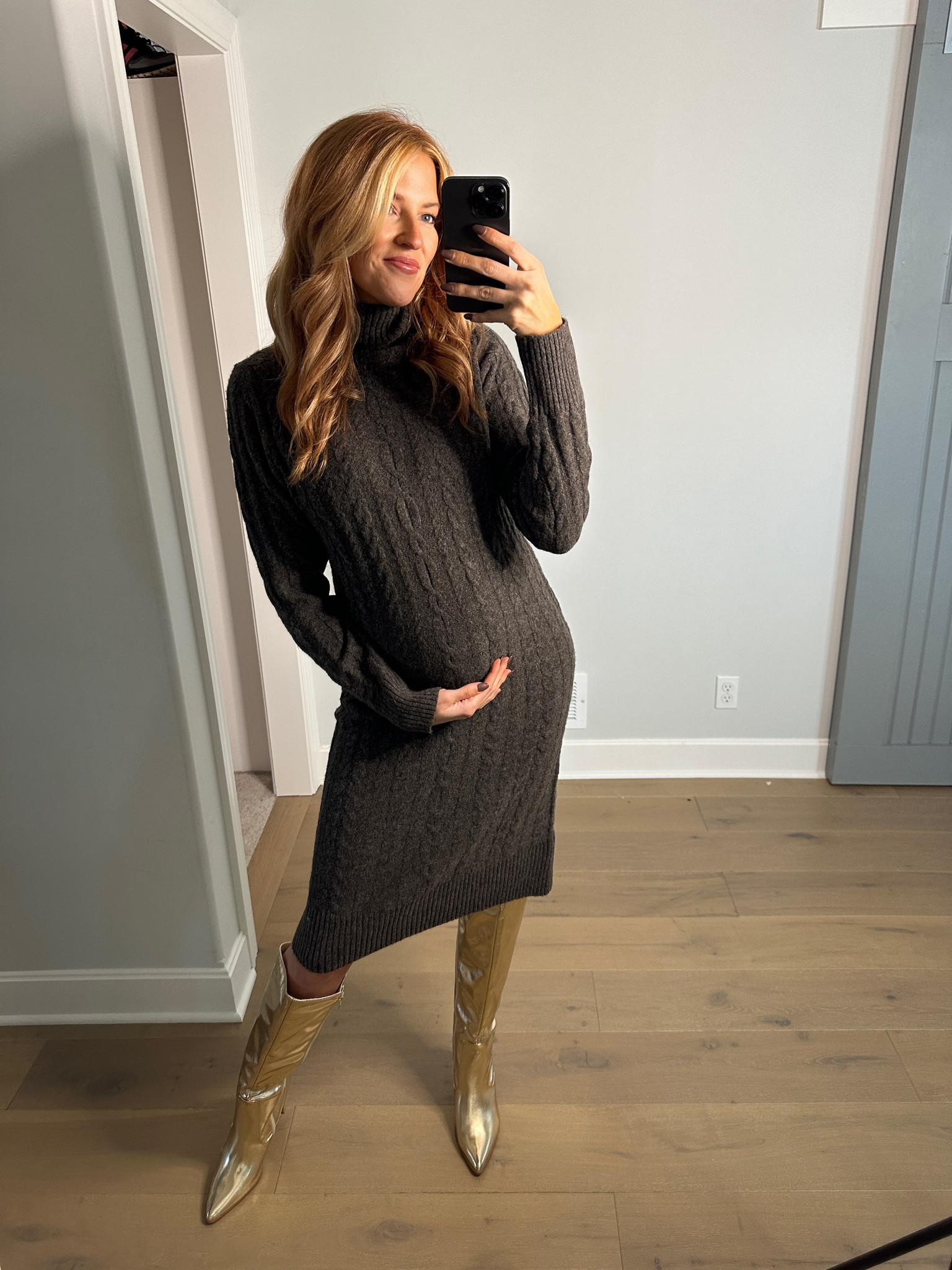 Brown sweater dress and gold boots 

#LTKSeasonal #LTKHoliday #LTKsalealert