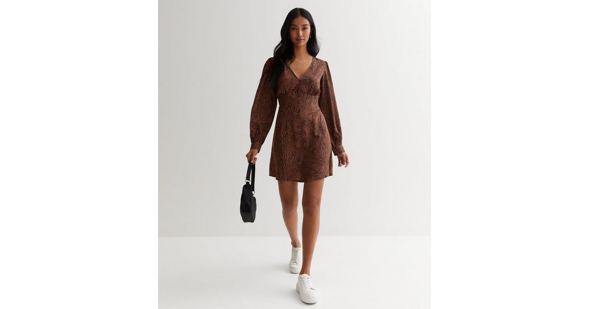 Brown Zebra Print V Neck Puff Sleeve Mini Dress
						
						Add to Saved Items
						Remove from... | New Look (UK)