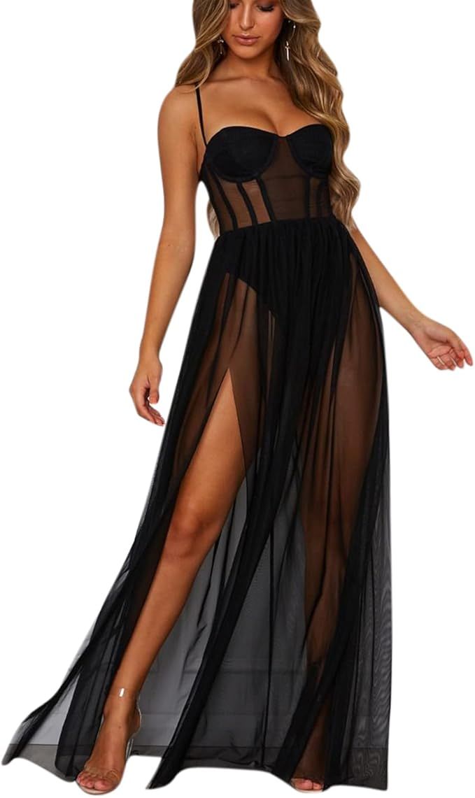 Women Sexy Spaghetti Strap Sheer Mesh High Split Long Maxi Dress Grown for Evening Party Rave Pro... | Amazon (US)