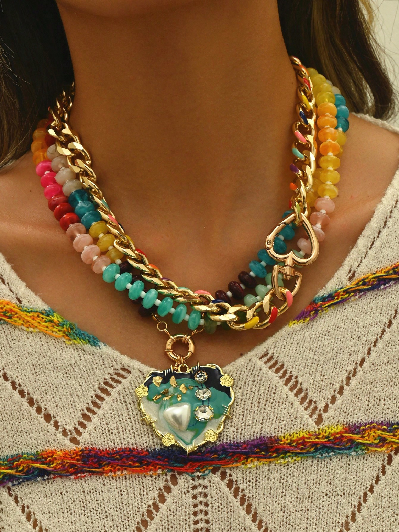 Fashionable Multi-Layer Necklace Set For Women, New Trendy Lobster Clasp, Enamel Bead Chunky Alum... | SHEIN