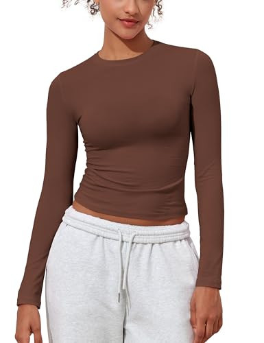 PrettyGuide Womens Long Sleeve Cotton T-Shirt Slim Fit Lightweight Crewneck Basic Tee Going Out Tops Coffee XL | Amazon (US)